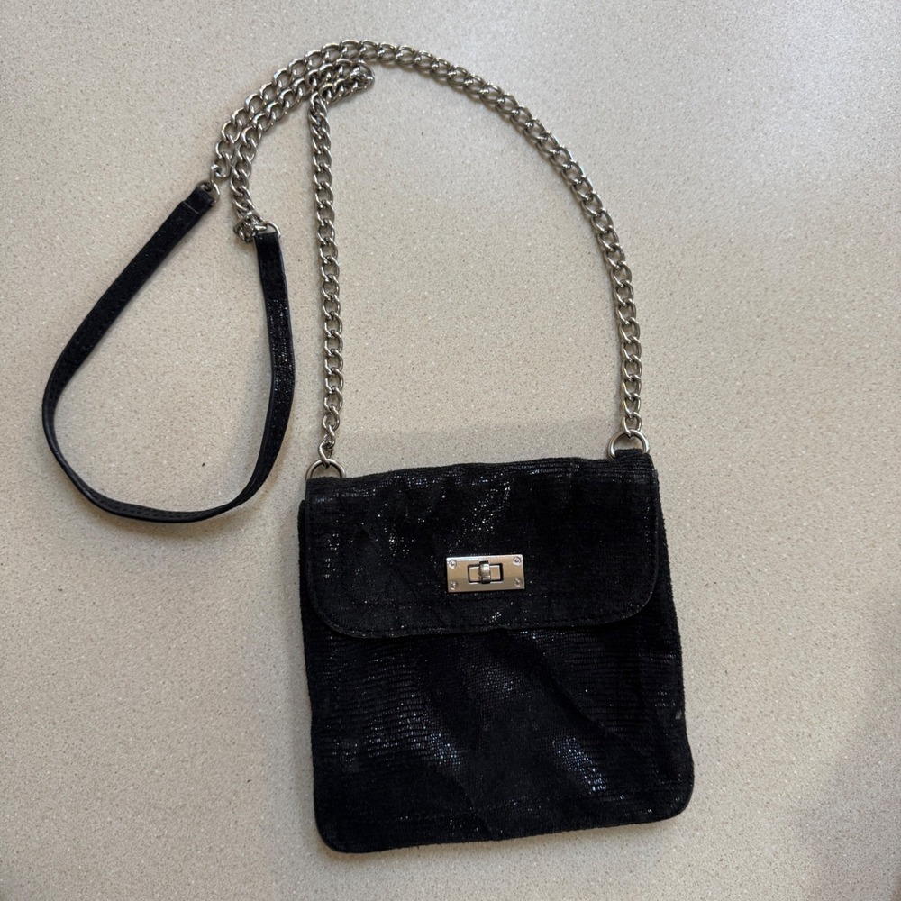 Banana Republic Black Metallic Leather Crossbody Bag Silver Chain Strap Turnlock